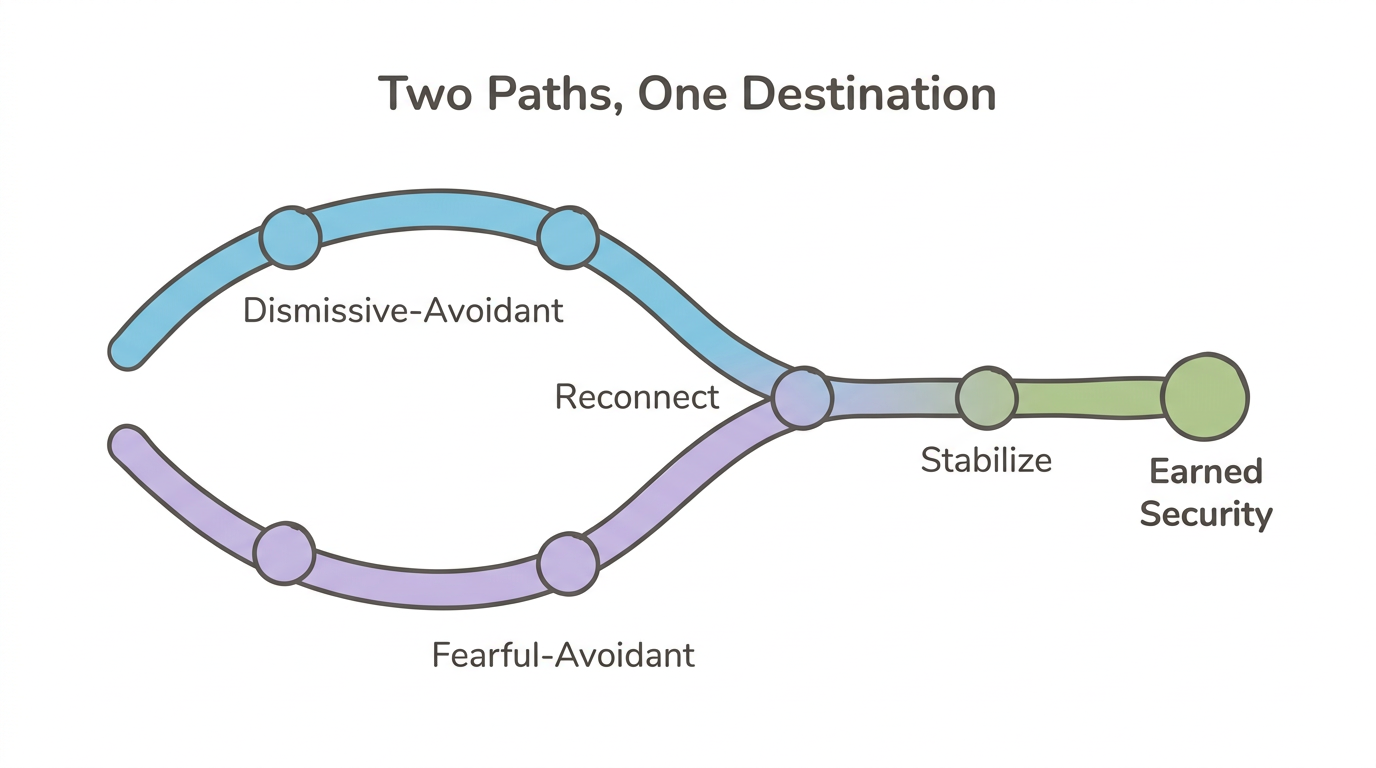 Diagram: Dismissive vs Fearful-Avoidant Healing Paths