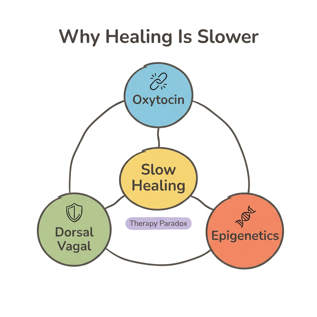 Diagram: Why Avoidant Attachment Heals Slowly — Three Neurobiological Factors