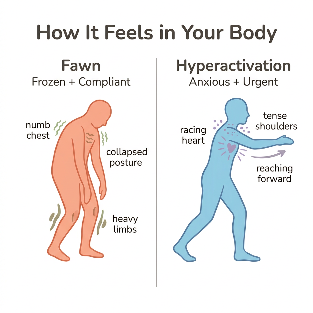 Diagram: Fawn Response vs. Hyperactivation Body States